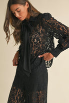 Long Sleeve Button Down Lace Top with Neck Bow Tie - EB Luxe - RARA Boutique
