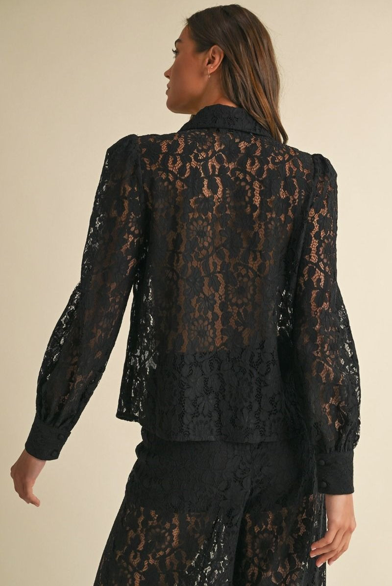 Long Sleeve Button Down Lace Top with Neck Bow Tie - EB Luxe - RARA Boutique