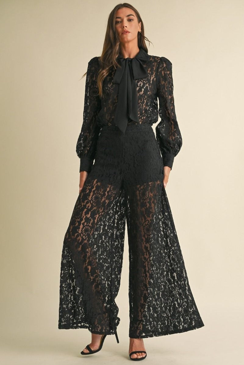 Long Sleeve Button Down Lace Top with Neck Bow Tie - EB Luxe - RARA Boutique
