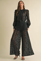 Long Sleeve Button Down Lace Top with Neck Bow Tie - EB Luxe - RARA Boutique