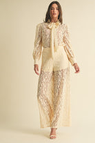 Long Sleeve Button Down Lace Top with Neck Bow Tie - EB Luxe - RARA Boutique