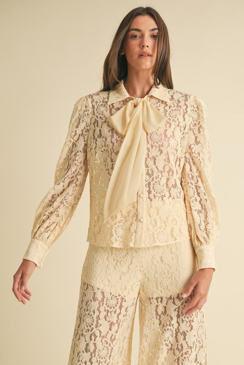 Long Sleeve Button Down Lace Top with Neck Bow Tie - EB Luxe - RARA Boutique