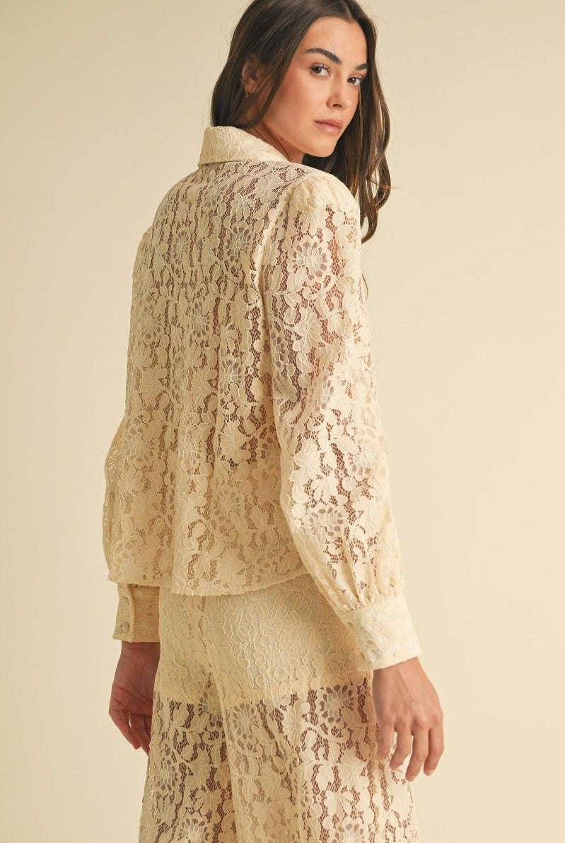Long Sleeve Button Down Lace Top with Neck Bow Tie - EB Luxe - RARA Boutique