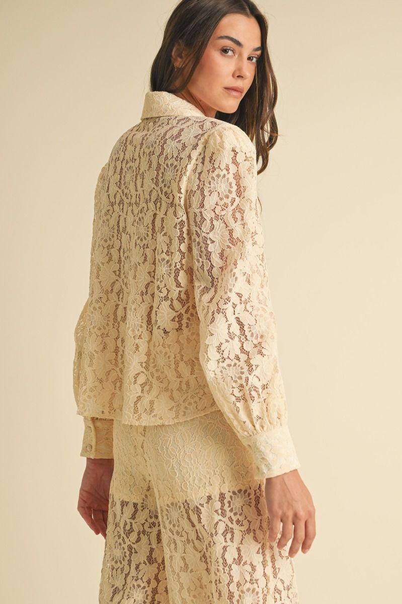 Long Sleeve Button Down Lace Top with Neck Bow Tie - EB Luxe - RARA Boutique