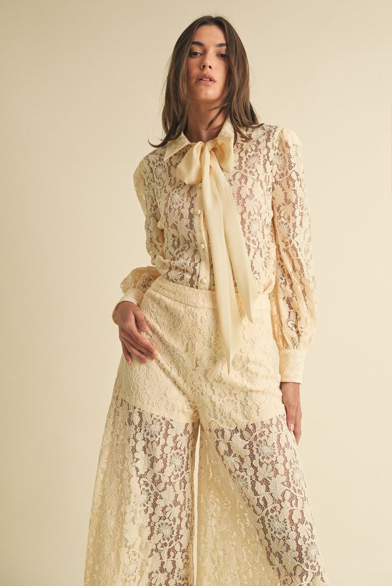 Long Sleeve Button Down Lace Top with Neck Bow Tie - EB Luxe - RARA Boutique