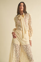 Long Sleeve Button Down Lace Top with Neck Bow Tie - EB Luxe - RARA Boutique