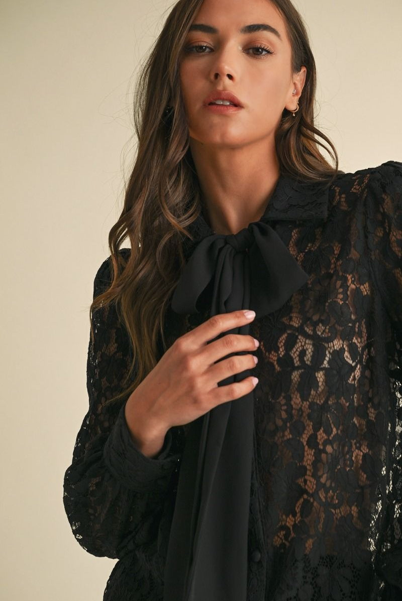 Long Sleeve Button Down Lace Top with Neck Bow Tie - EB Luxe - RARA Boutique