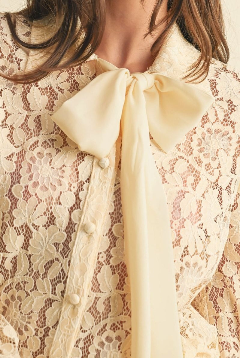 Long Sleeve Button Down Lace Top with Neck Bow Tie - EB Luxe - RARA Boutique