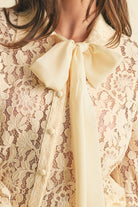 Long Sleeve Button Down Lace Top with Neck Bow Tie - EB Luxe - RARA Boutique