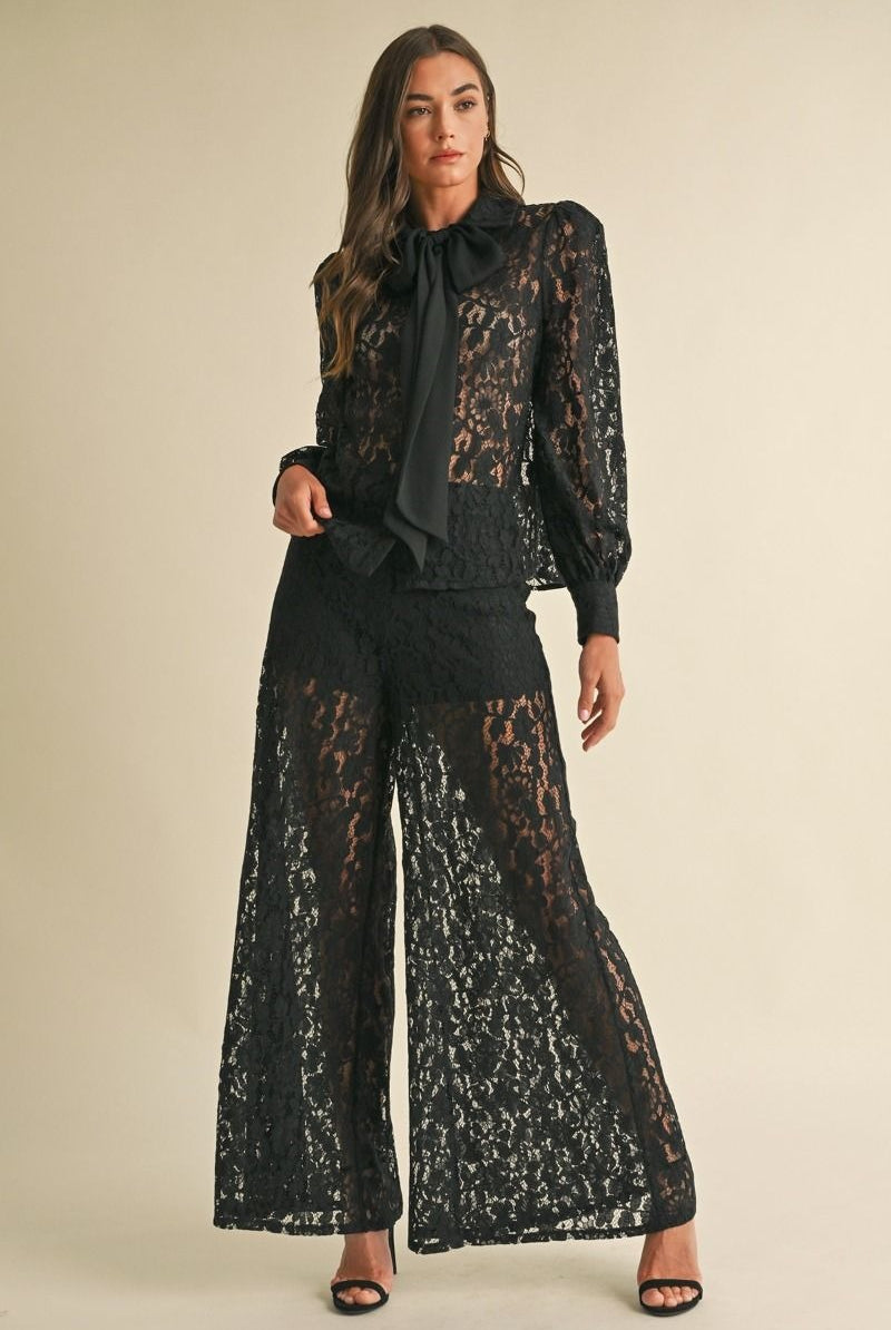 Long Sleeve Button Down Lace Top with Neck Bow Tie - EB Luxe - RARA Boutique
