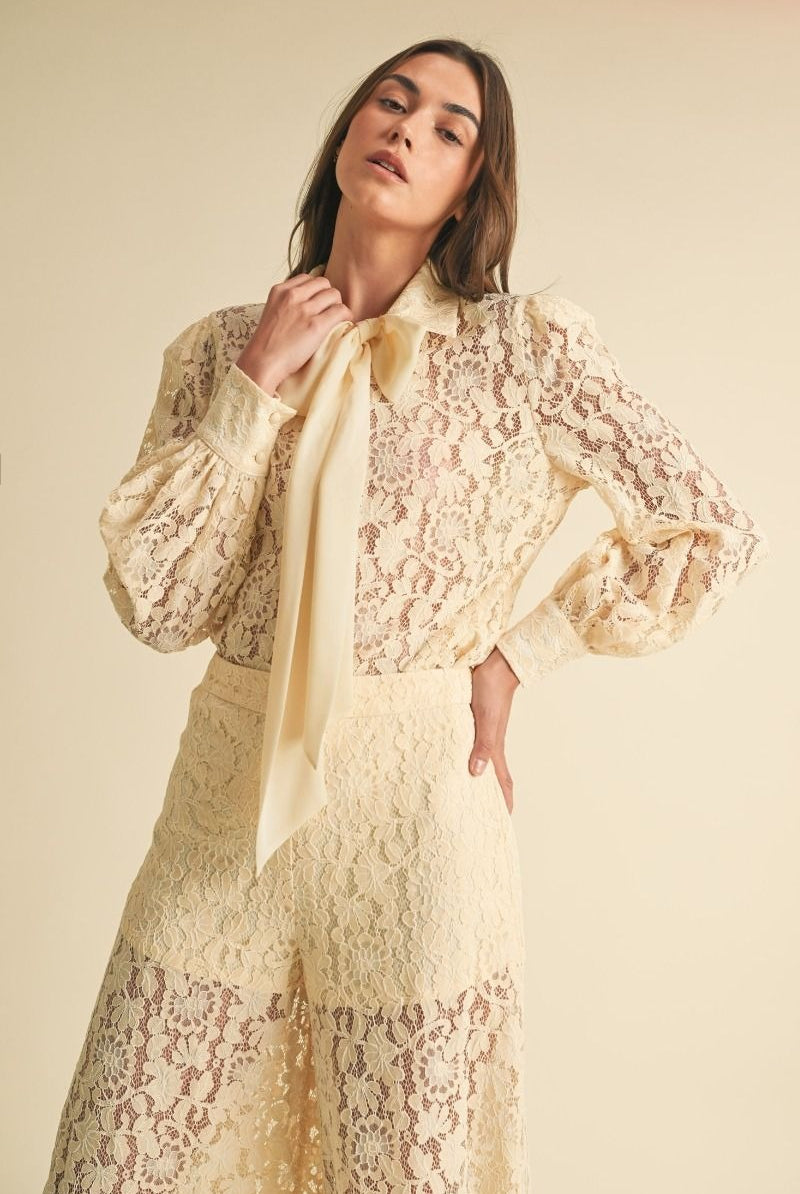 Long Sleeve Button Down Lace Top with Neck Bow Tie - EB Luxe - RARA Boutique