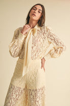 Long Sleeve Button Down Lace Top with Neck Bow Tie - EB Luxe - RARA Boutique