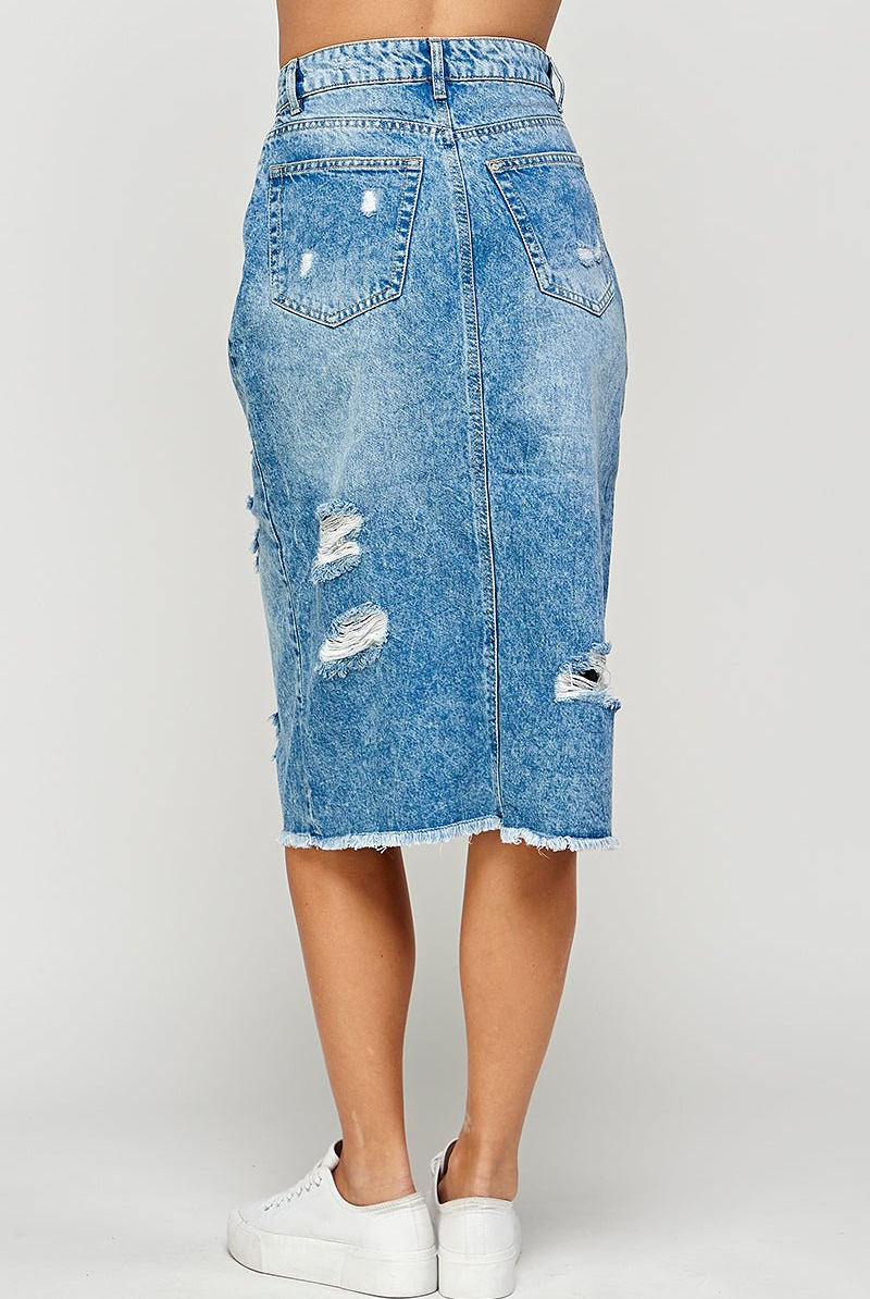 Long Denim Skirt with Distressed - RARA Boutique