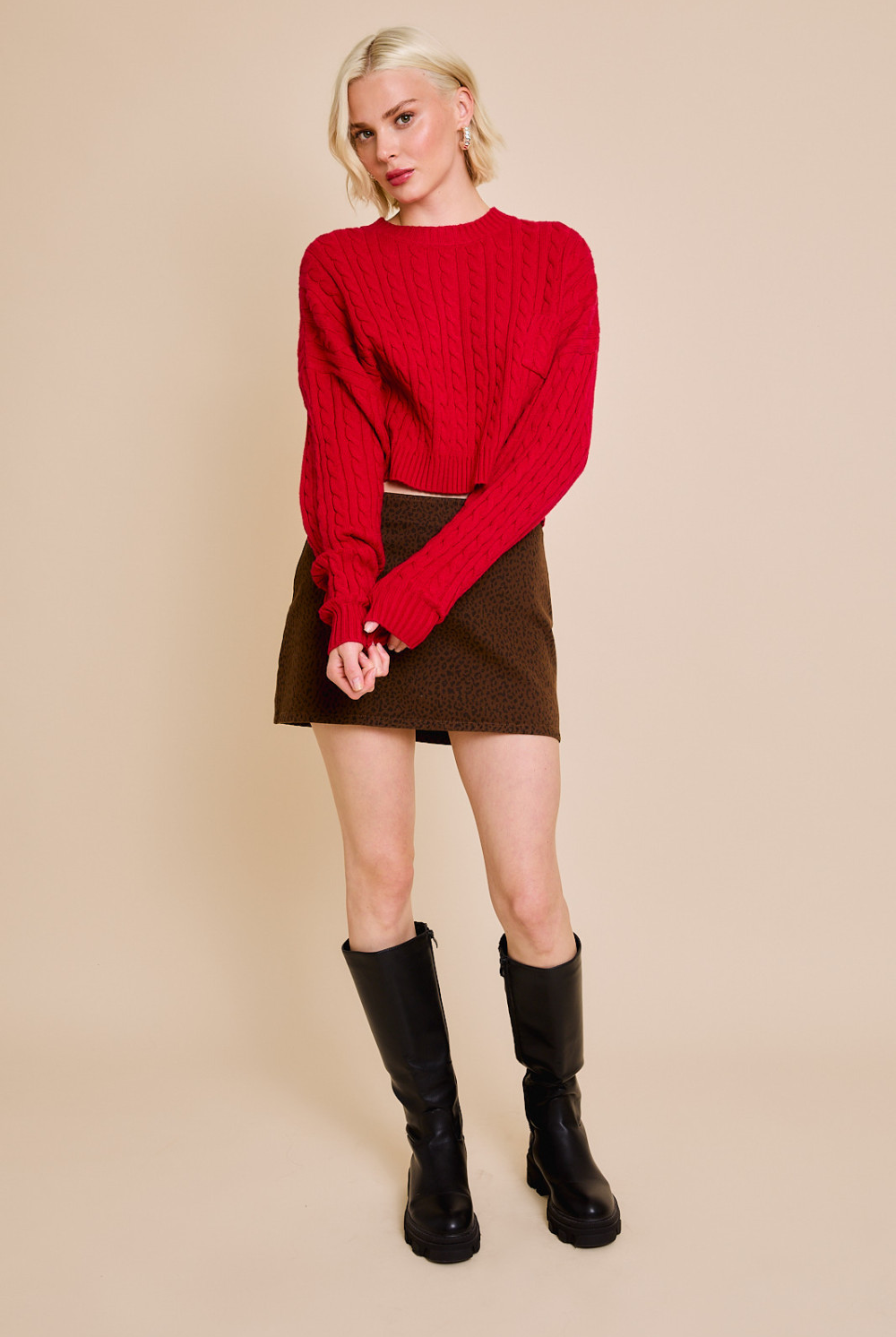 Dolman Sleeve Cable Knit Cropped Sweater with Pocket - Le Lis - RARA Boutique
