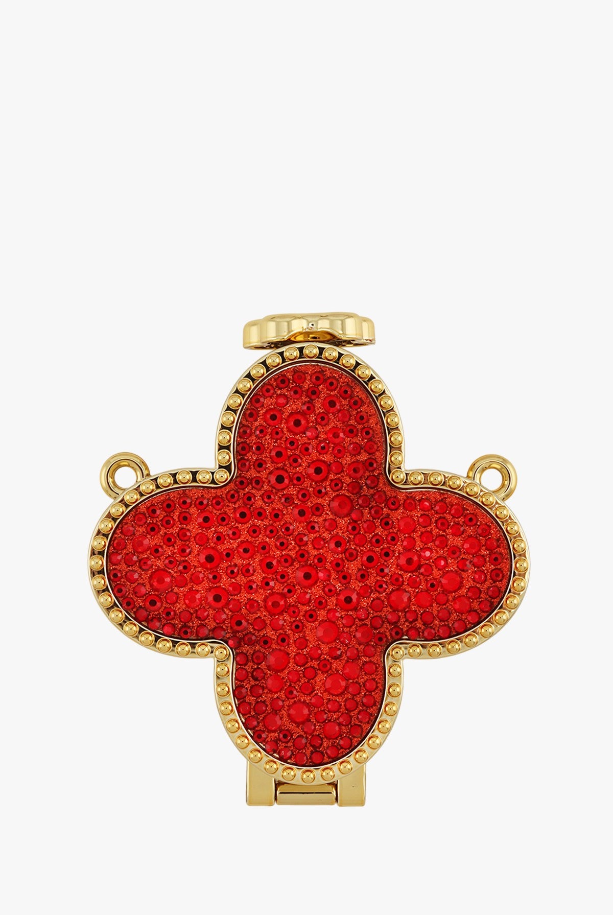 Red rhinestone clover mirrored micro clutch bag from RARA Boutique, featuring sparkling embellishments and a compact, elegant design.