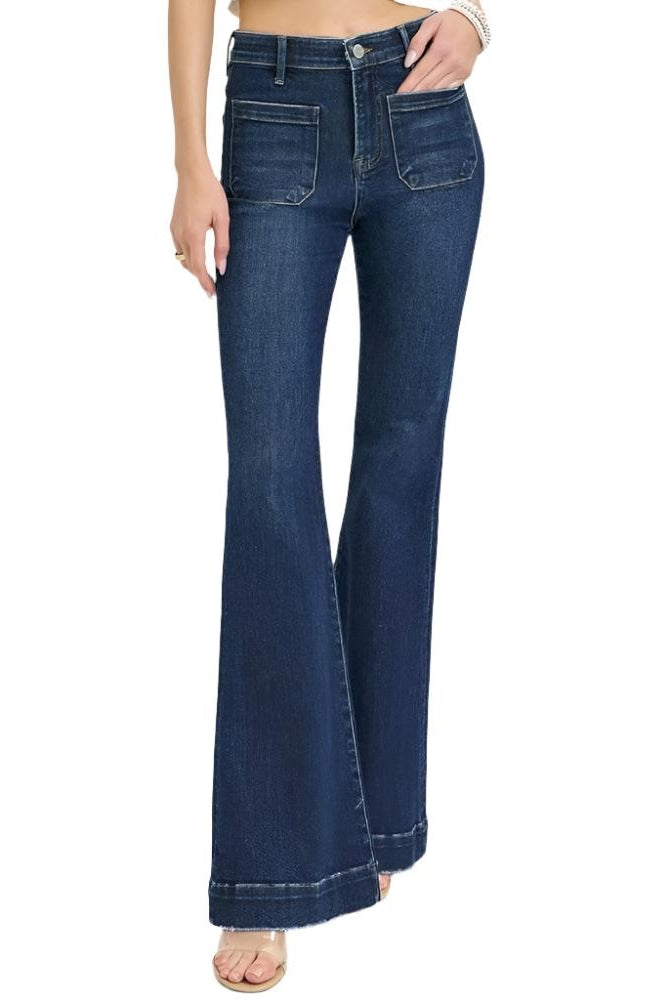 Square Patch Pocket Dark Wash Flare Jeans - Risen - RARA Boutique