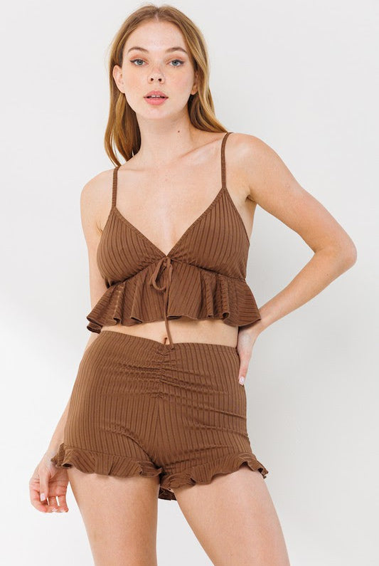 Ruffle Bralette Top & Shorts Lounge Set - RARA Boutique