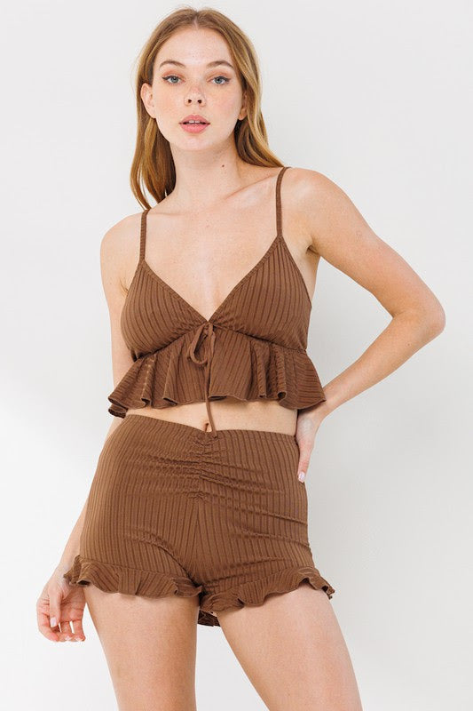 Ruffle Bralette Top & Shorts Lounge Set - RARA Boutique