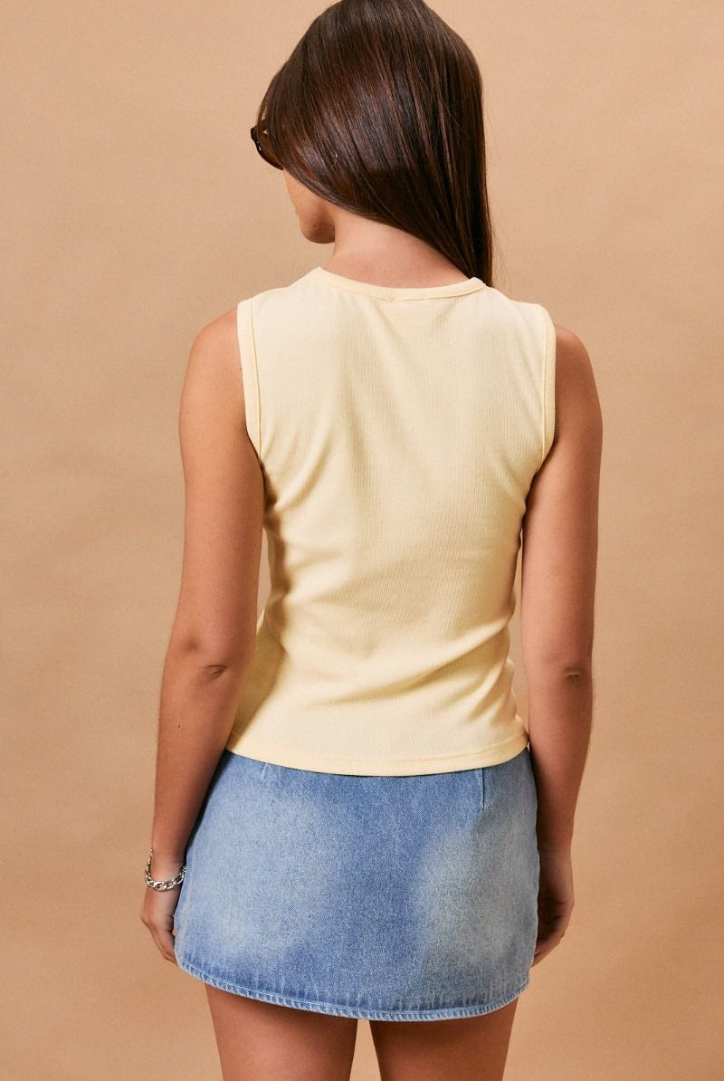 Yellow embroidered All American Babe tank top by RARA Boutique, featuring patriotic design and casual sleeveless style.