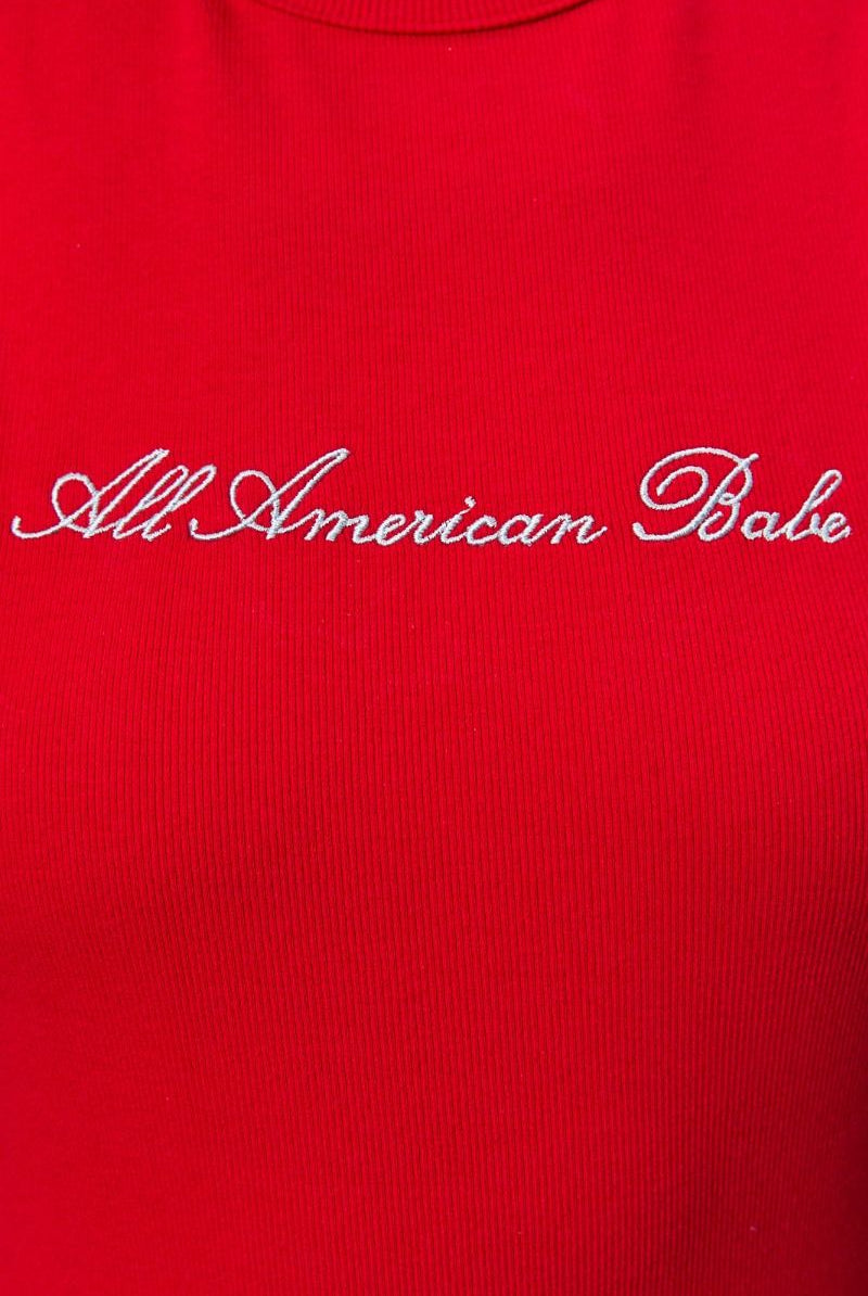 Red embroidered All American Babe tank top by Le Lis, featuring patriotic star and flag design, sleeveless casual apparel.