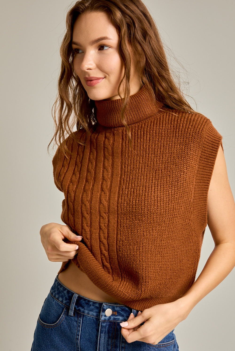 Ribbed & Cable Knit Turtleneck Sweater Vest - Le Lis - RARA Boutique