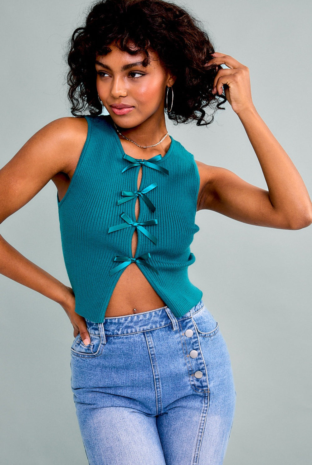 Satin Bow Cutout Knit Tank Top - RARA Boutique