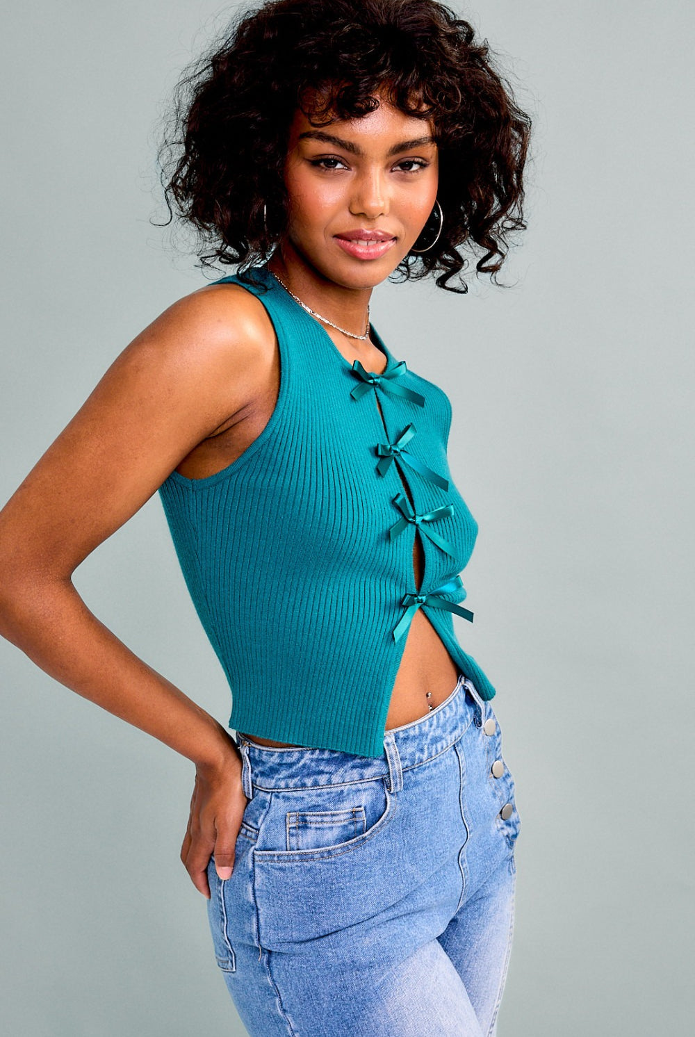 Satin Bow Cutout Knit Tank Top - RARA Boutique