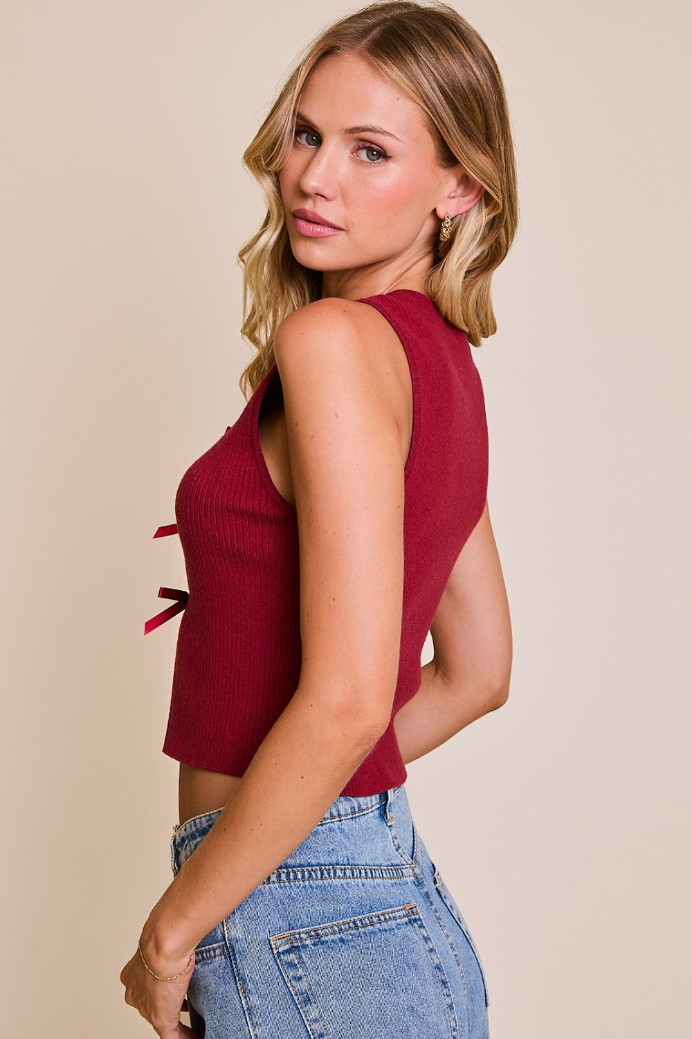 Satin Bow Cutout Knit Tank Top - Le Lis - RARA Boutique