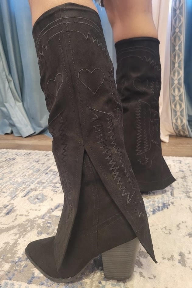 Embroidered Suede Fold Over Pointed Toe Heeled Cowboy Boots - RARA Boutique