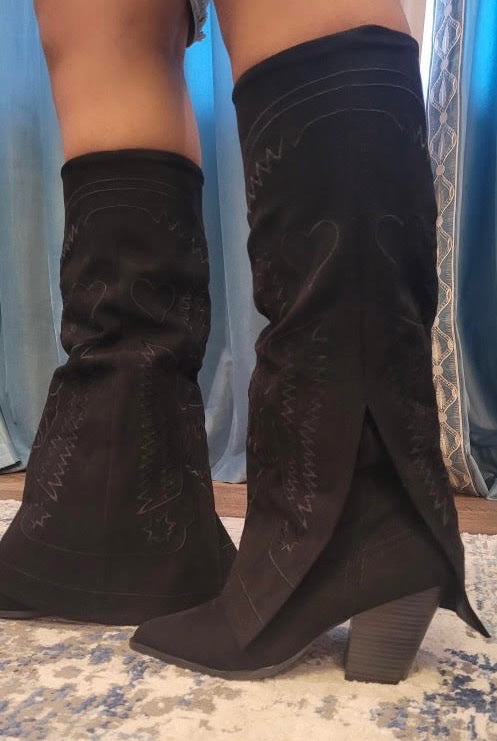 Embroidered Suede Fold Over Pointed Toe Heeled Cowboy Boots - RARA Boutique
