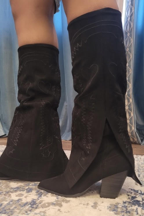 Embroidered Suede Fold Over Pointed Toe Heeled Cowboy Boots - RARA Boutique