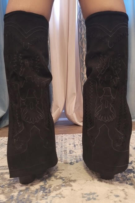Embroidered Suede Fold Over Pointed Toe Heeled Cowboy Boots - RARA Boutique
