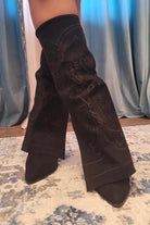 Embroidered Suede Fold Over Pointed Toe Heeled Cowboy Boots - RARA Boutique