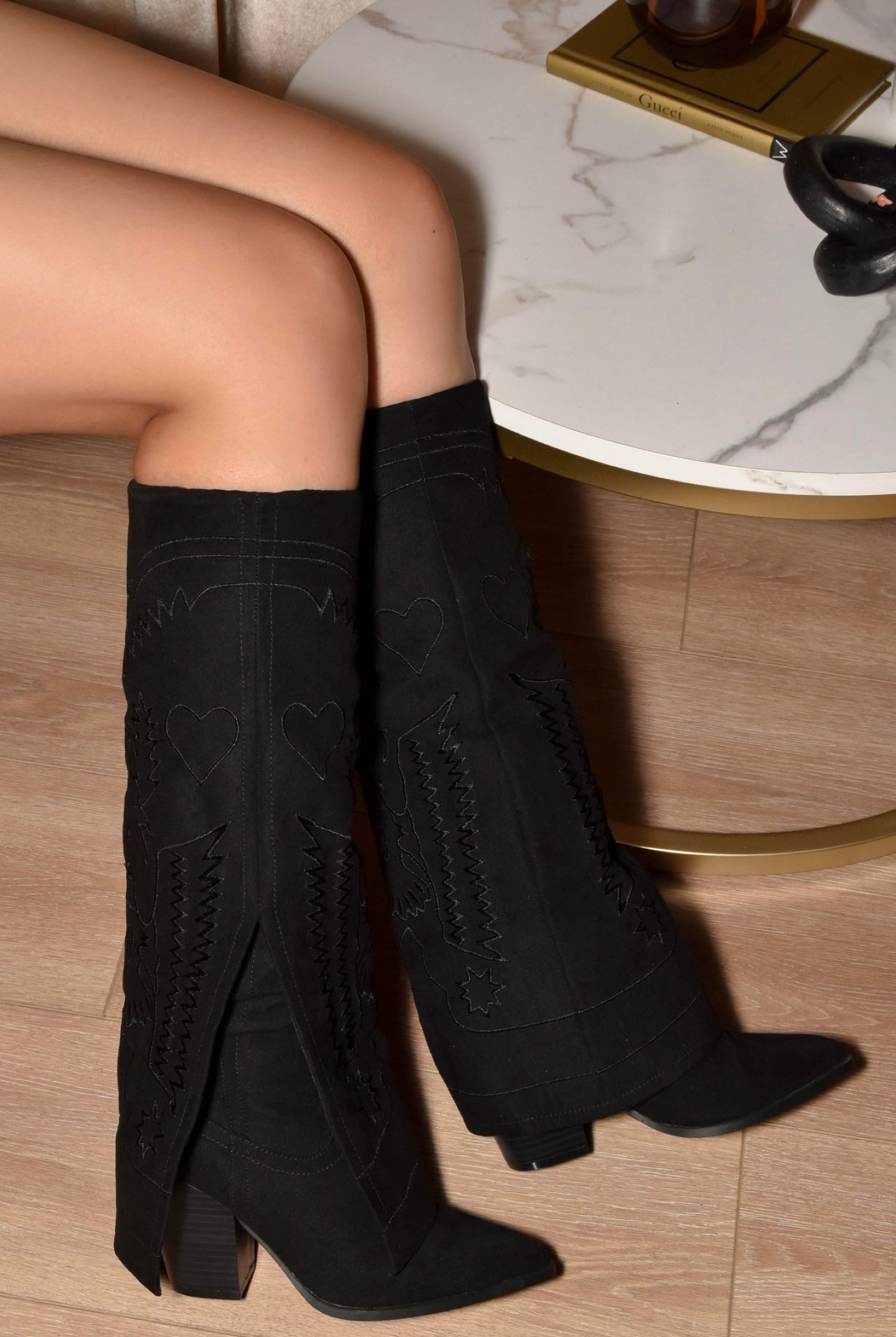 Embroidered Suede Fold Over Pointed Toe Heeled Cowboy Boots - RARA Boutique