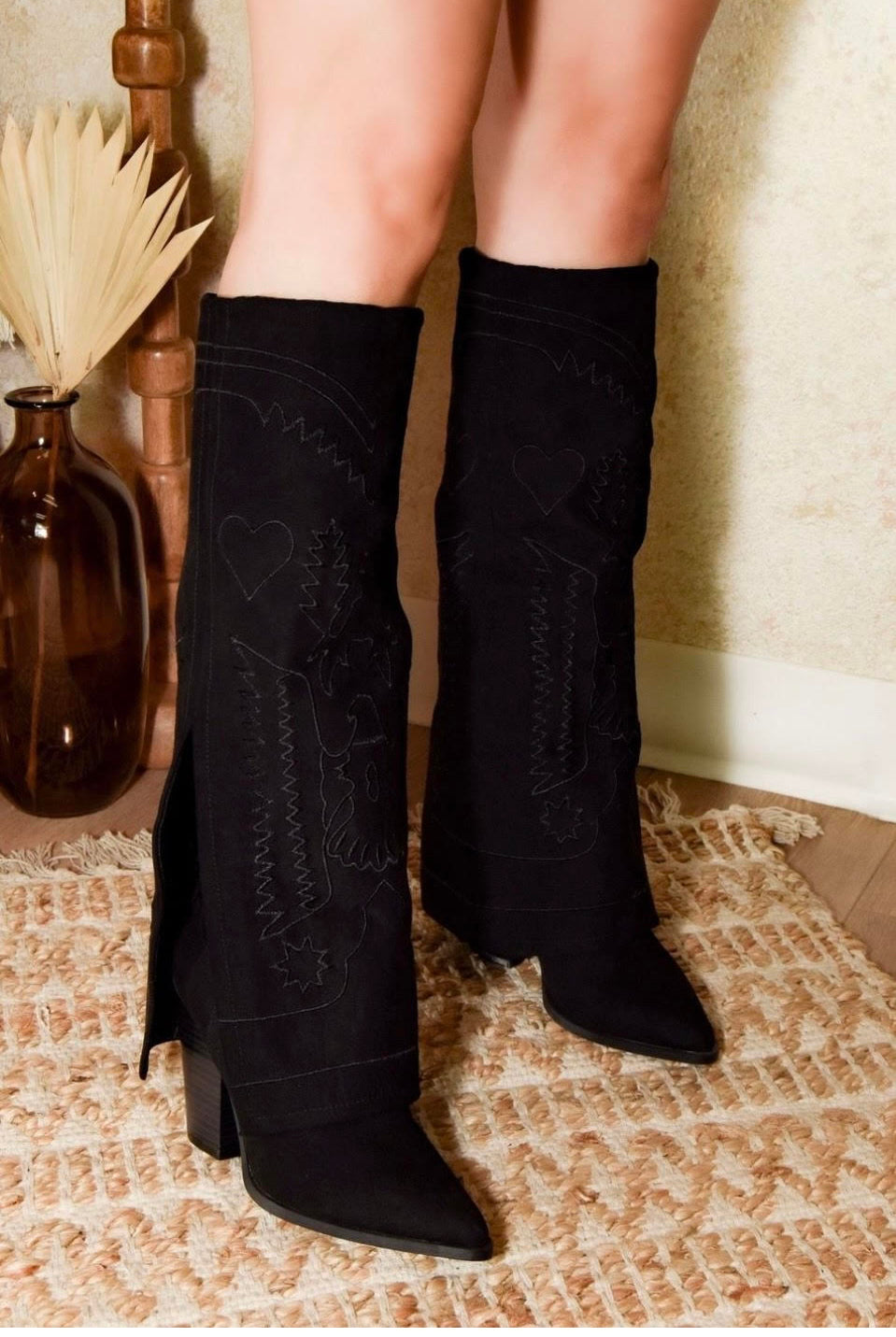 Embroidered Suede Fold Over Pointed Toe Heeled Cowboy Boots - RARA Boutique