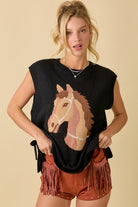 Western Horse Oversized Sleeveless Sweater Vest Top - Main Strip - RARA Boutique 