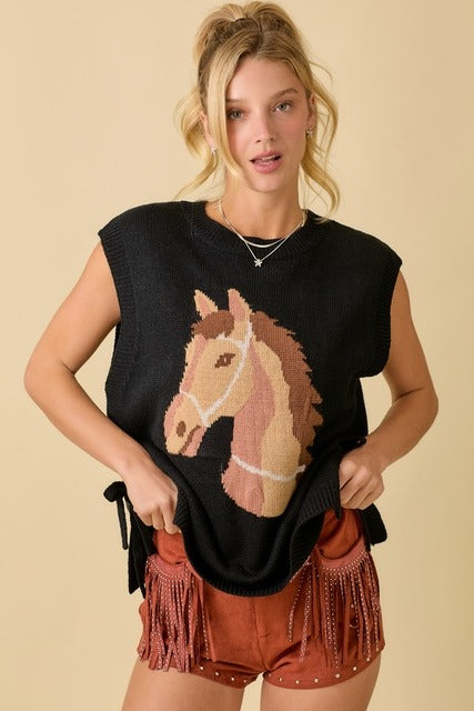 Western Horse Oversized Sleeveless Sweater Vest Top - Main Strip - RARA Boutique 
