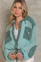 Open Knit Contrast Hooded Shacket with Frayed Edges - POL - RARA Boutique 