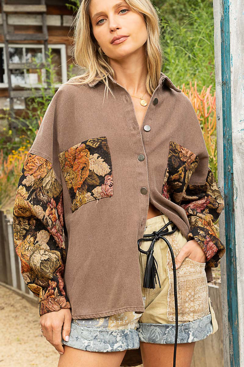 Floral Contrast Jacquard Sleeve Shacket - POL - RARA Boutique 