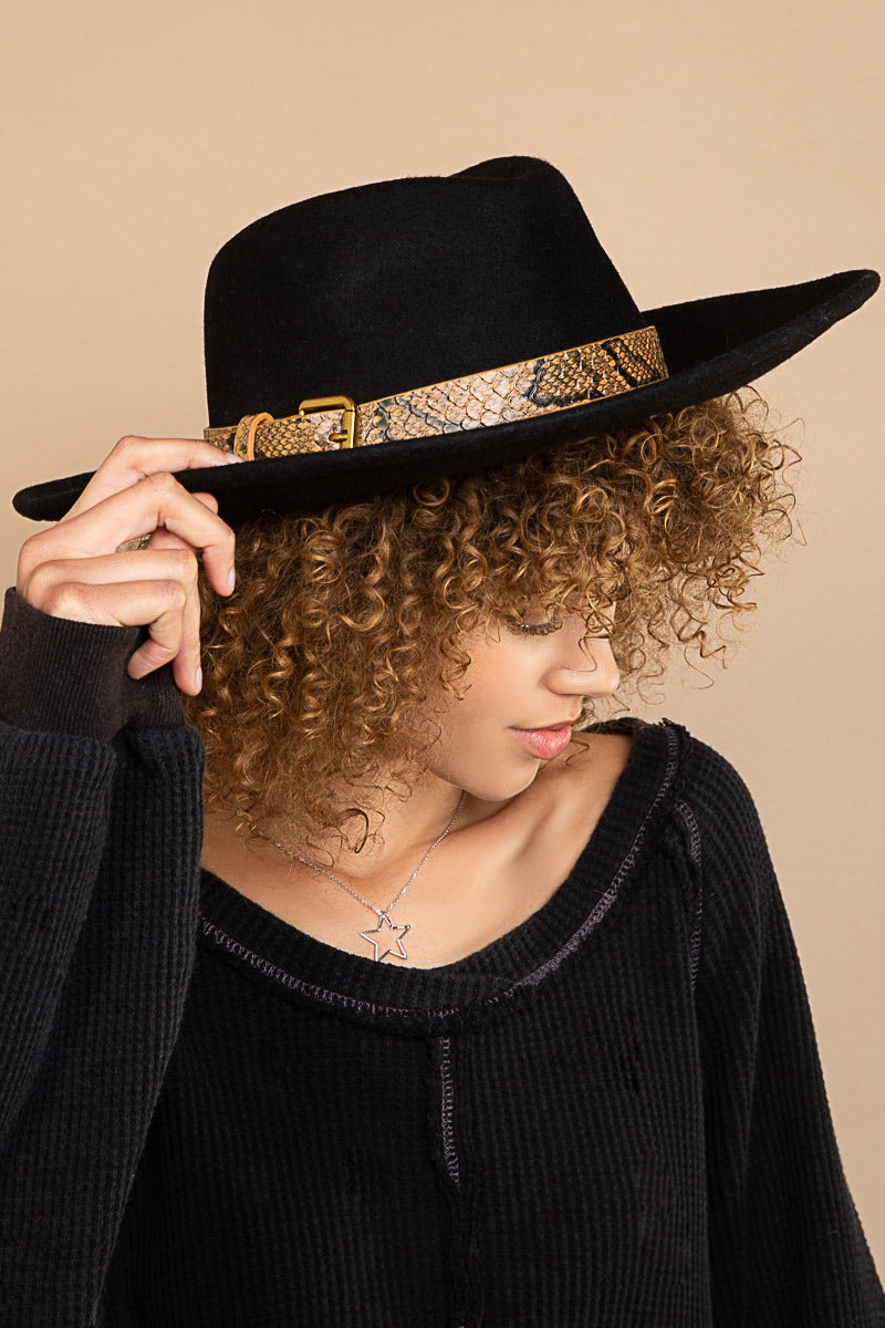 Wide Brim Snake Print Belt Wool Fedora Hat - POL - RARA Boutique 