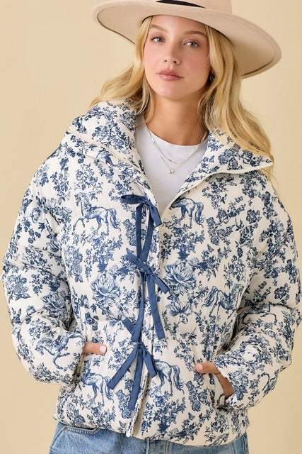 Vintage Horse Toile Print Puffer Jacket with Bows - Main Strip - RARA Boutique 