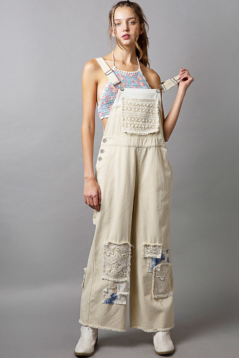 Lace Patchwork Wide Leg Denim Overalls - Pol - RARA Boutique 