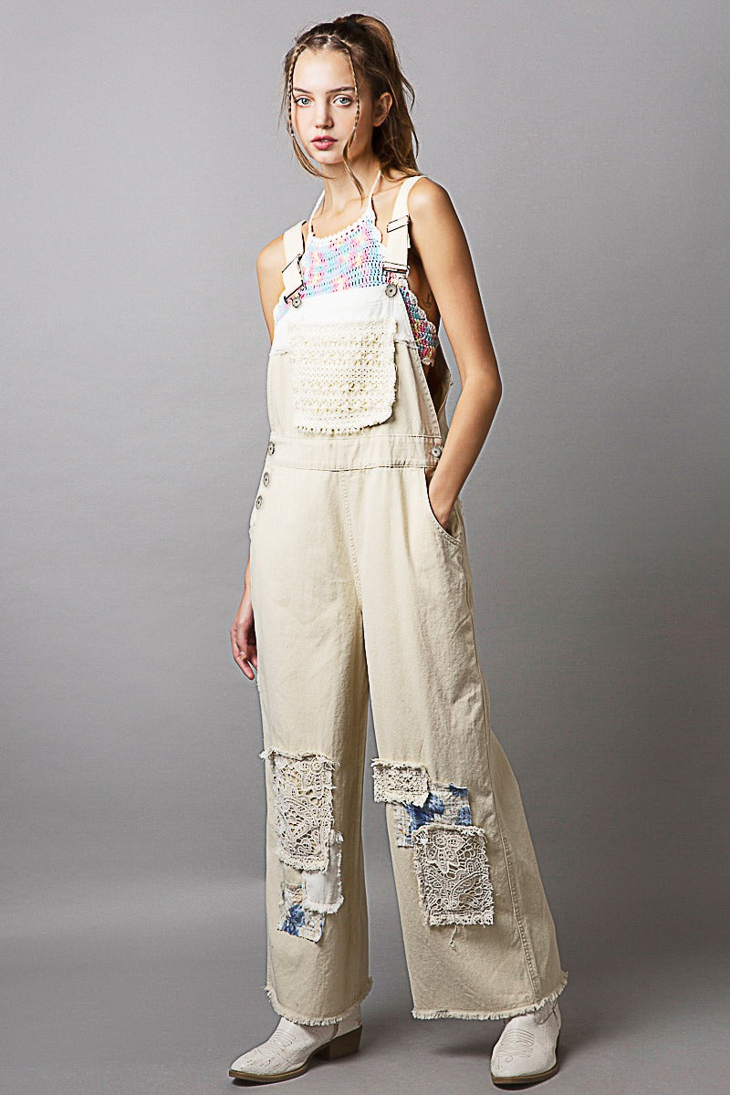 Lace Patchwork Wide Leg Denim Overalls - Pol - RARA Boutique 