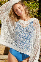 Ribbed Hem V-Neck Wide Sleeve Crochet Sweater - POL - RARA Boutique 