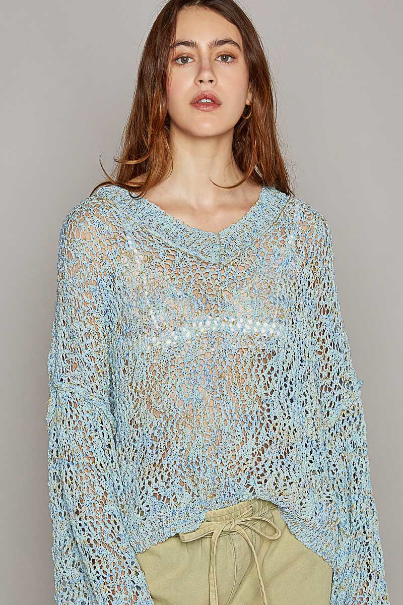 Ribbed Hem V-Neck Wide Sleeve Crochet Sweater - POL - RARA Boutique 