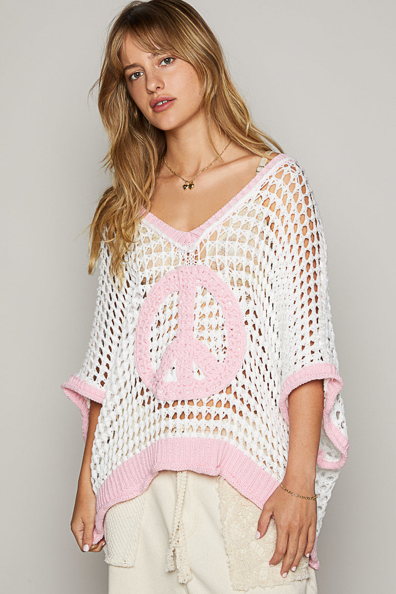 Open Crochet Oversized Peace Sign Sweater - POL - RARA Boutique 