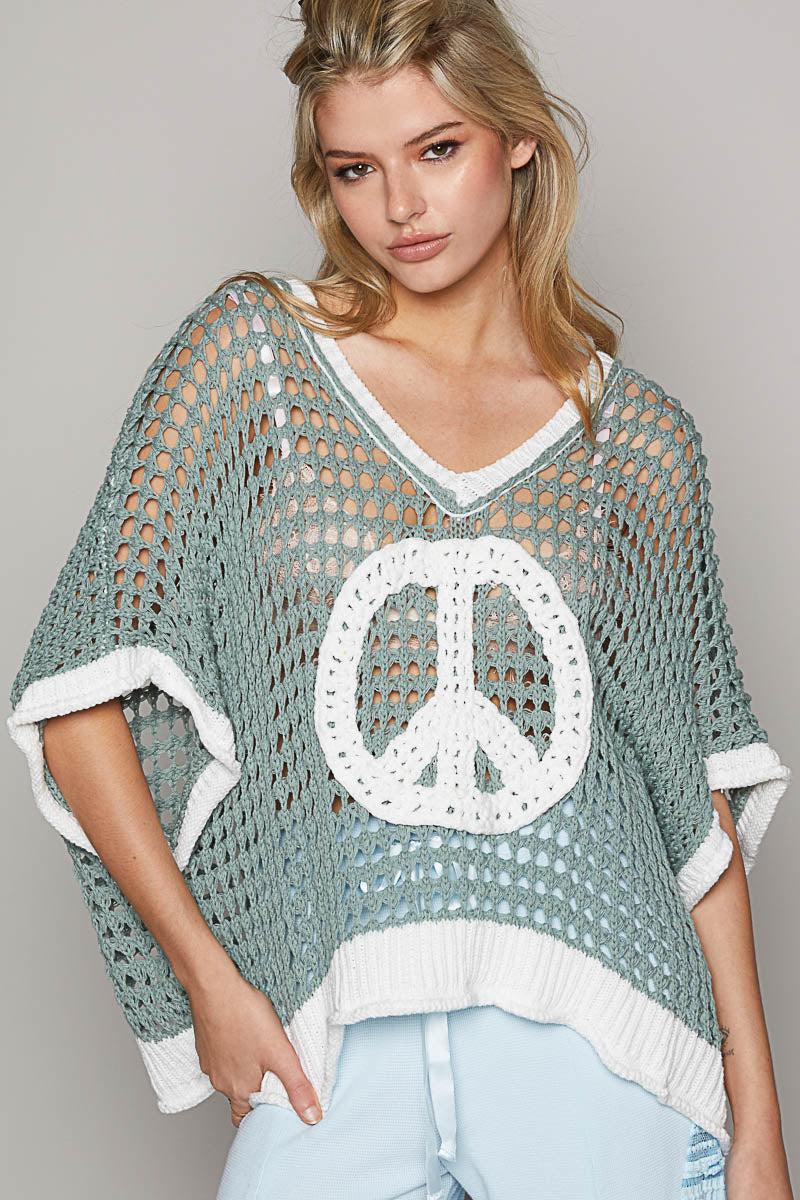 Open Crochet Oversized Peace Sign Sweater - POL - RARA Boutique 