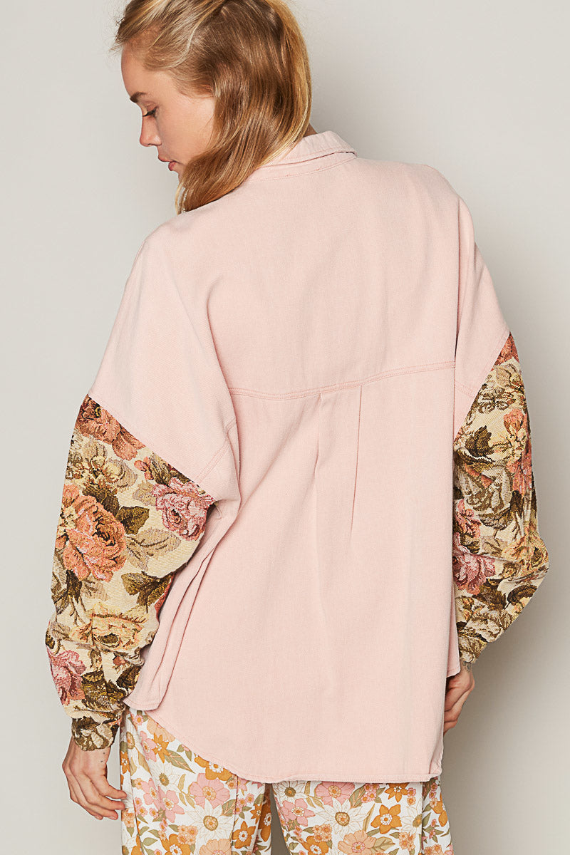 Floral Contrast Jacquard Sleeve Shacket - POL - RARA Boutique 