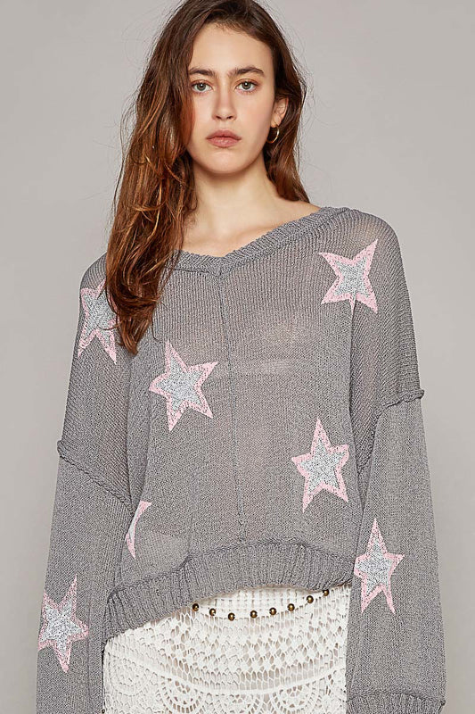 Lightweight V-Neck Star Print Sweater - POL - RARA Boutique 