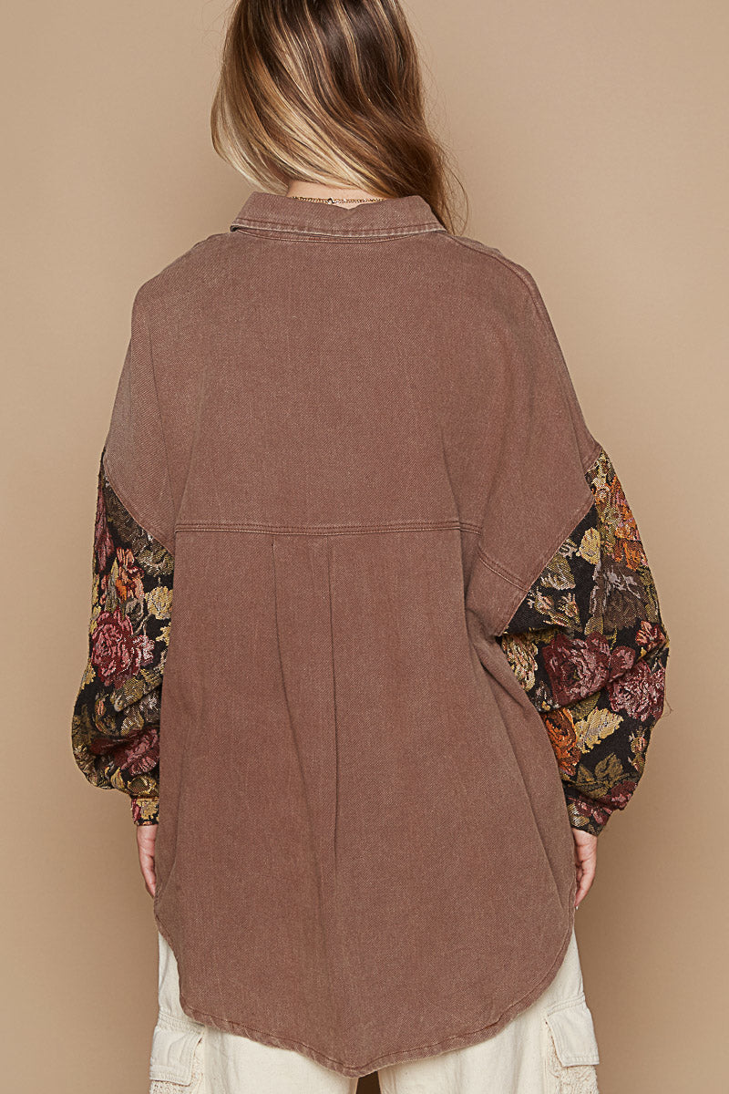 Floral Contrast Jacquard Sleeve Shacket - POL - RARA Boutique 